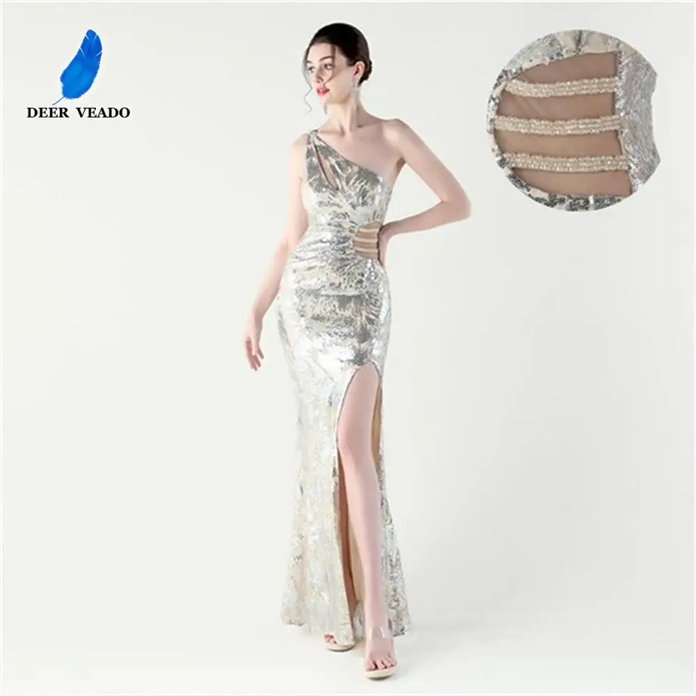 

DEERVEADO Mermaid One Shoulder Sequins Evening Dress for Woman Elegant Slit Formal Occasion Dresses Long Prom Party Maxi Dresses