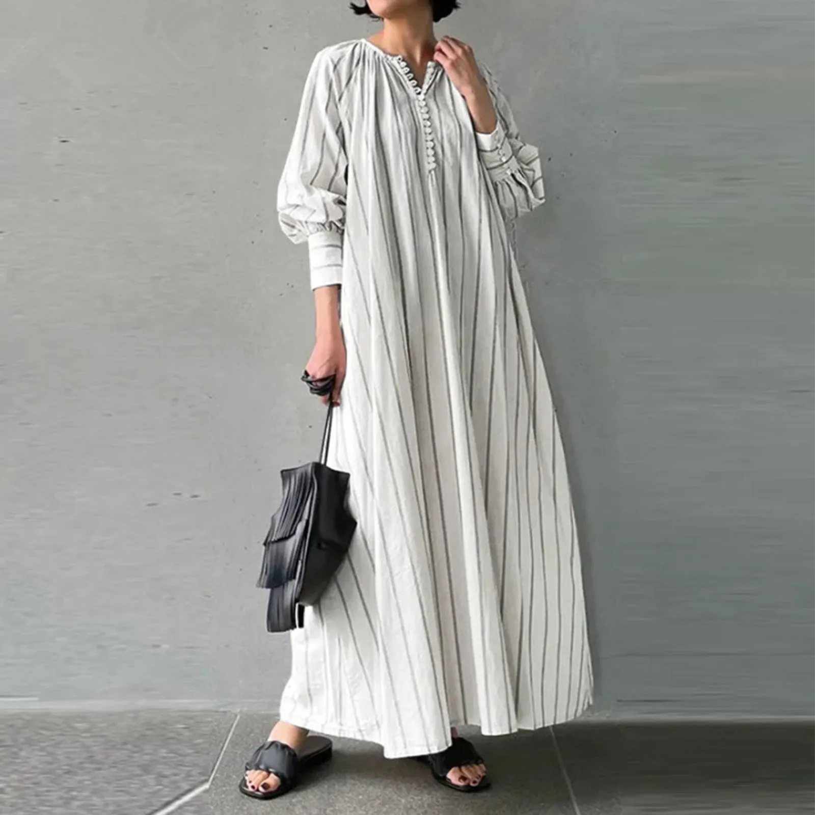 Arabic Abaya Kaftan Islamic Ramada Prayer Women Gown Dubai Turkey Striped Casual Retro Fashion Linen Robe Dress Muslim Clothing