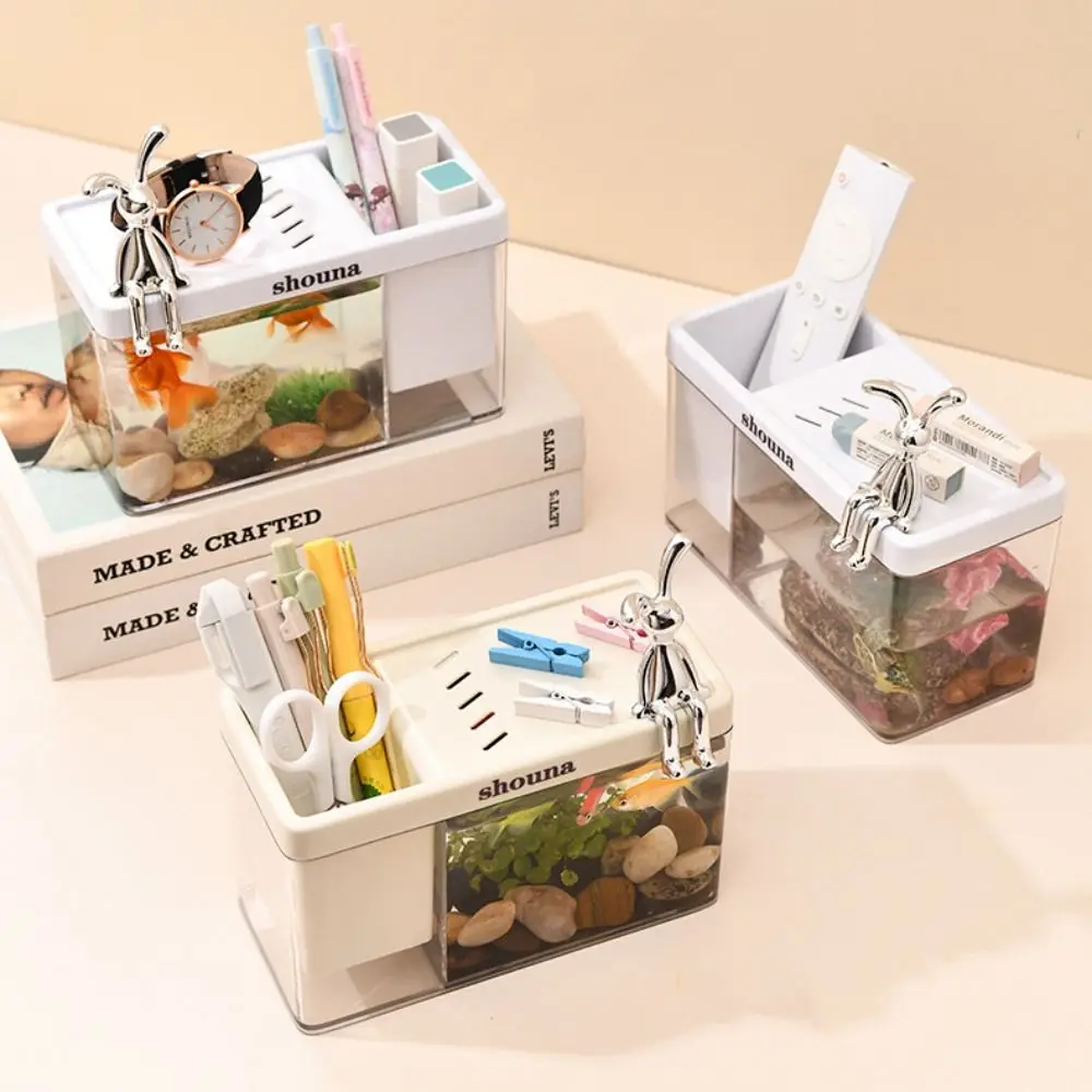 

Plastic Amphibious Ecological Tank Transparent with Cover and Rabbit Ornaments Fish Tank Small Multi-functional Goldfish Bowl