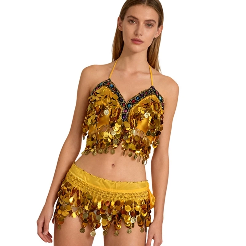 مجموعة أزياء الرقص الشرقي الاحترافية حمالة صدر مطرزة بالترتر ووشاح الورك للعروض المسرحية من نسيج البوليستر العملي #3