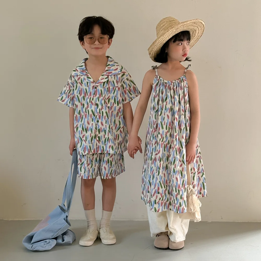 Resorts Twins Boy and Girl Clothes Sister Brother Matching Outfits Kids Vacation Two Piece Sets Beach Little Girls Sling Dress