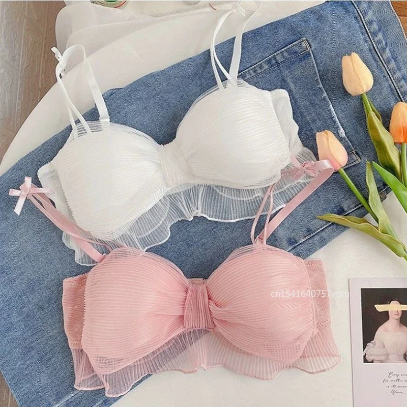 Bras Sexy Mesh Bow Women Underwear Female Lolita Sweet Pure No Steel Ring Girl Comfortable Breathable Bra Bralette