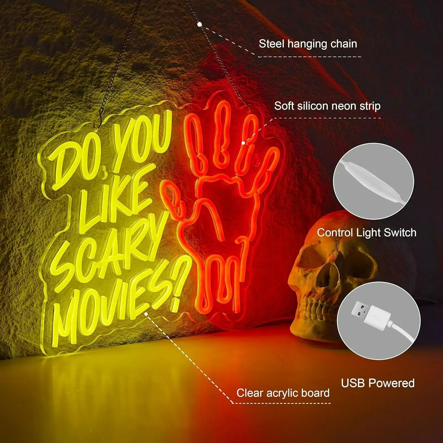 Do You Like Scary Movies Neon Sign Dimmable USB LED Light for Horror Theater Escape Room Bar Halloween Party Wall Decor Art Sign view 4