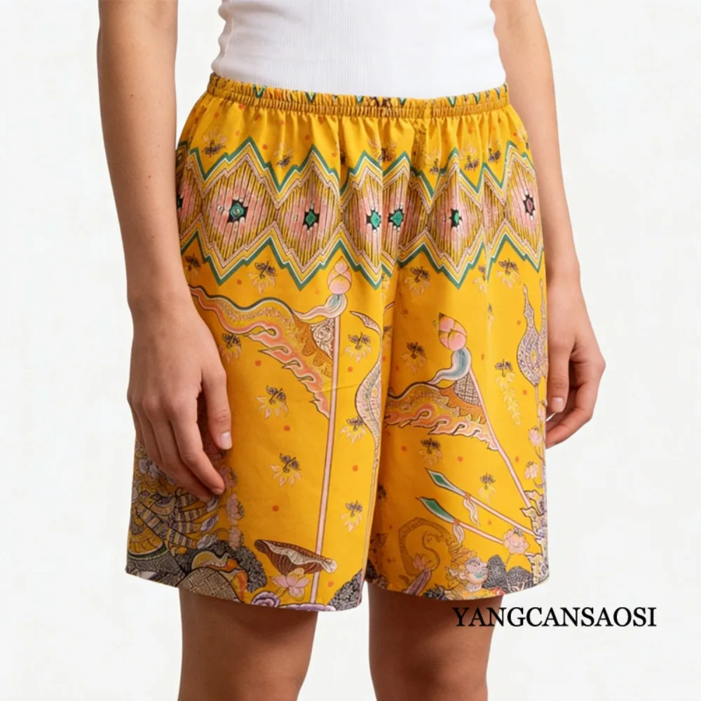 Dames Casual Zomer Nieuwe 100% Natuurlijke Moerbei Zijde Crêpe De Chine Veelzijdige Vakantie Stijl Thuis Afdrukken Strandbroek