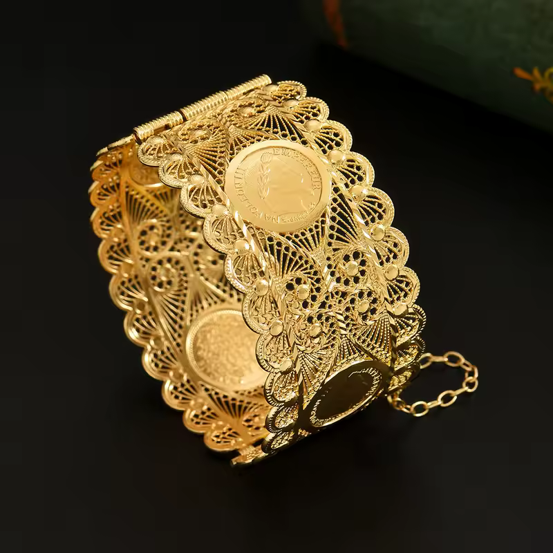 An Algerian Bride's Bracelet Jewelry With Napoleon Graphic Coin Design Finely Carved, A Wrist Accessory For Wedding Dress - Image 4