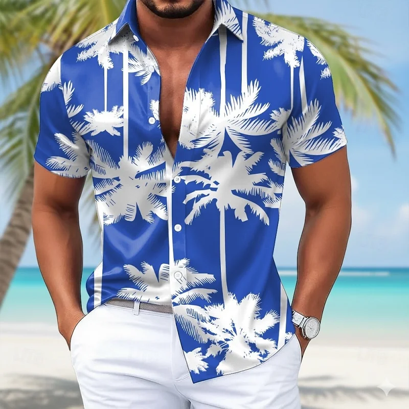 

Coconut Tree Pattern Hawaiian Shirt For Men Leaves 3D Printed Short Sleeves Summer Street Blouse Surf Beachwear Aloha Shirts