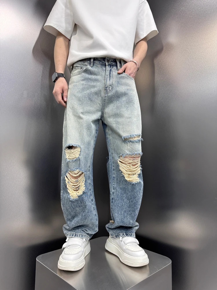 

Summer New Men's American High Street Skinny Jeans Straight Leg Loose Washed Wide Leg Pants Casual Loose Fit Jeans