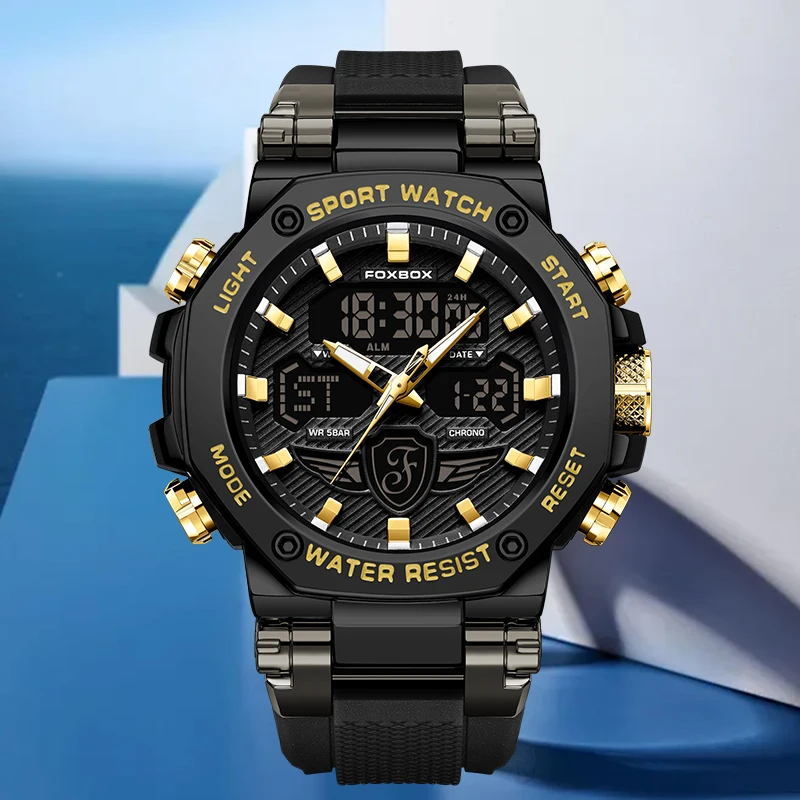FOXBOX Casual Fashion Electronic Watches Outdoor Sport Silicone Strap Waterproof Luminous Alarm Auto Date Dual Digital Man Watch
