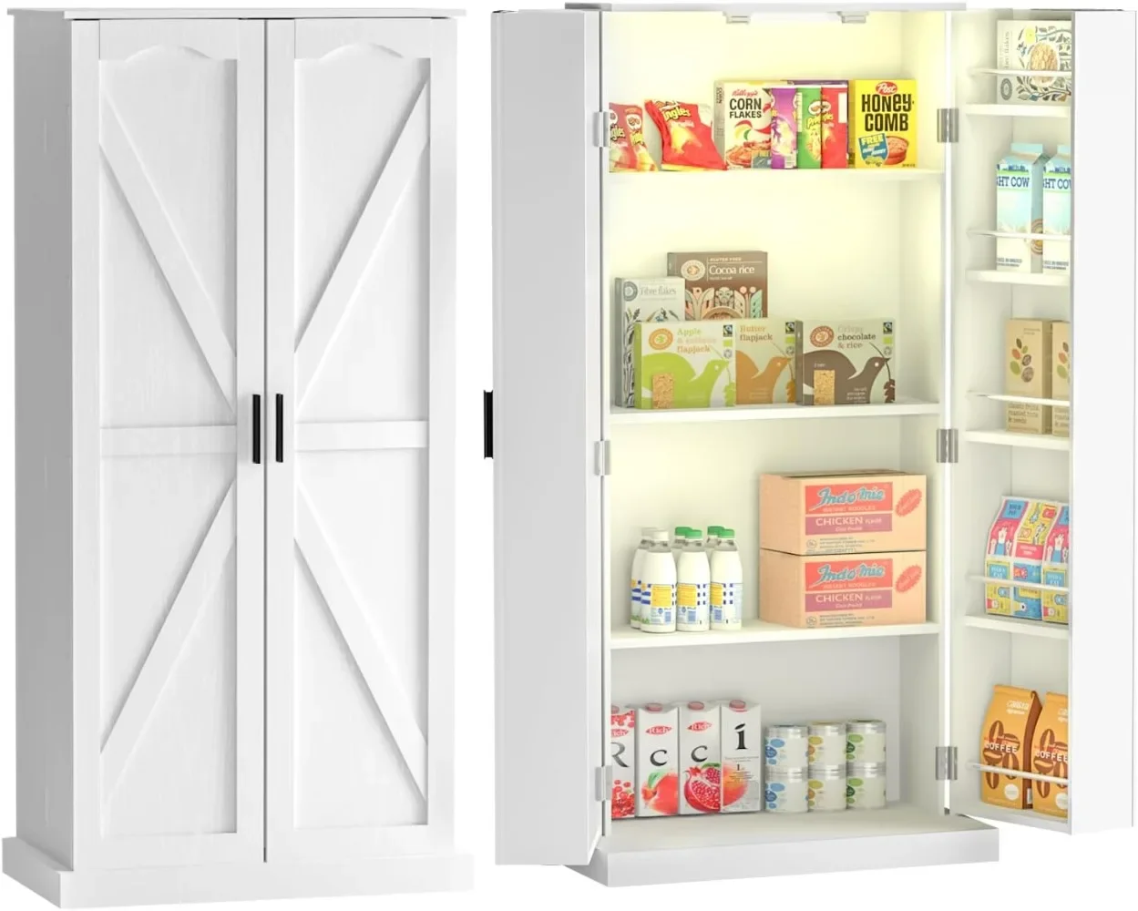 

50" LED Kitchen Pantry Cabinet Farmhouse Storage Cabinet Wood Food Pantry with Barn Doors and Adjustable Shelves