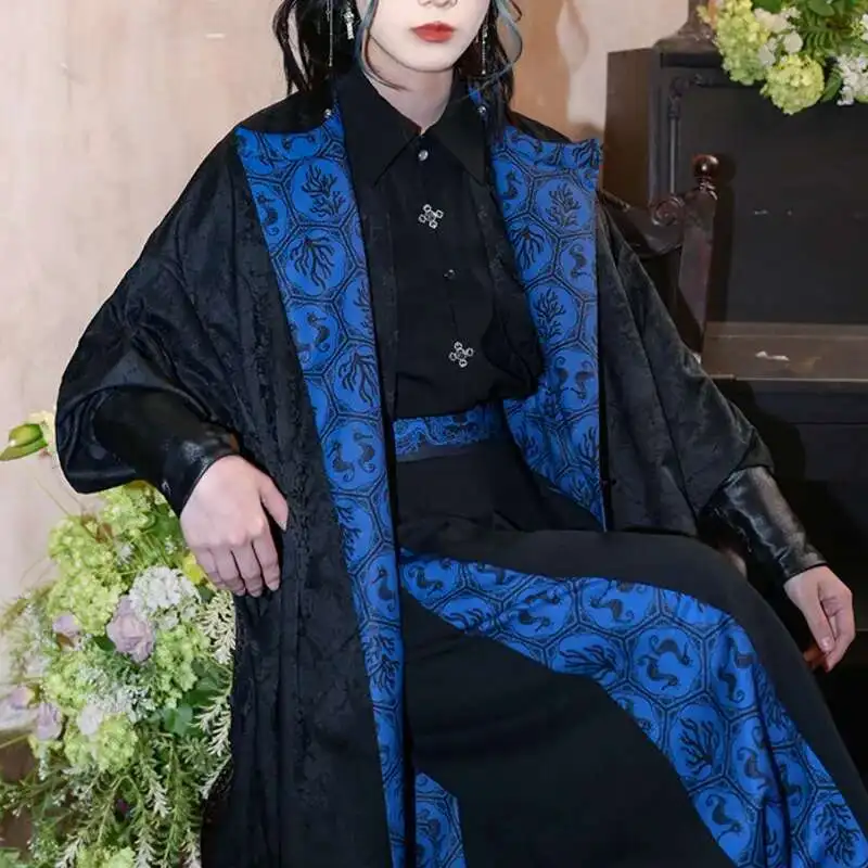 New Chinese Style National Style Han Elements Improve Wear On Both Sides Hanfu Round Neck Robe Printing Long Coat Black Blue