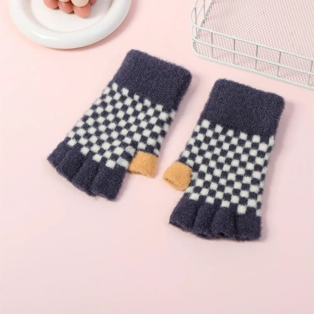 Autumn and Winter Knitted Woolen Gloves Fashion Trend Plaid Women Men Half Finger Gloves Short Warm Mittens