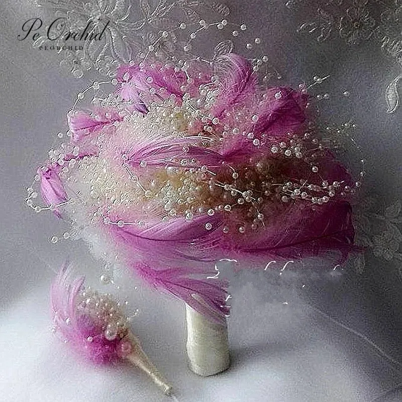 PEORCHID Artificial Purple Pearl Feather Brooch Bridal Wedding Bouquet For The Bride Decoration Hand Bouquet Ramos De Novia 2022