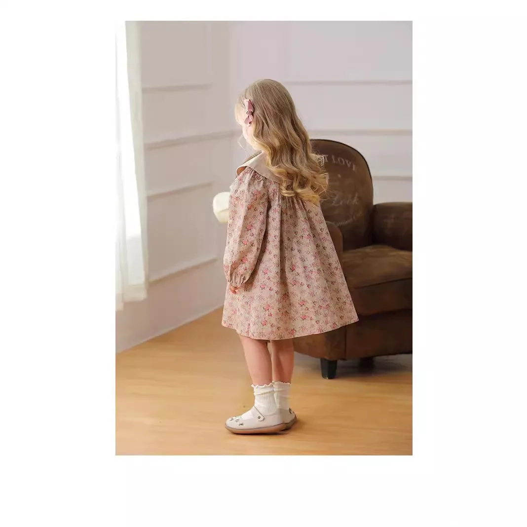 Children's Retro Floral Doll Collar Girls' Dress with Floral Embroidery Princess Skirt