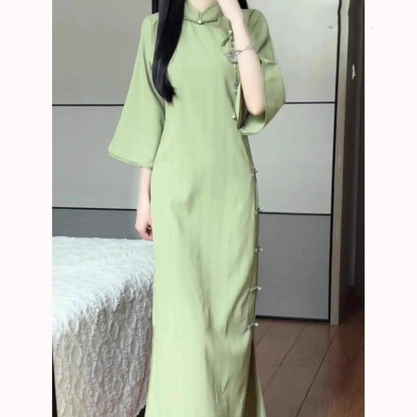 Green Improved Cheongsam Summer New Modern Elegant Inverted Big Sleeve Girl's Daily Wear Young Style Retro Chinese Woman Dresses