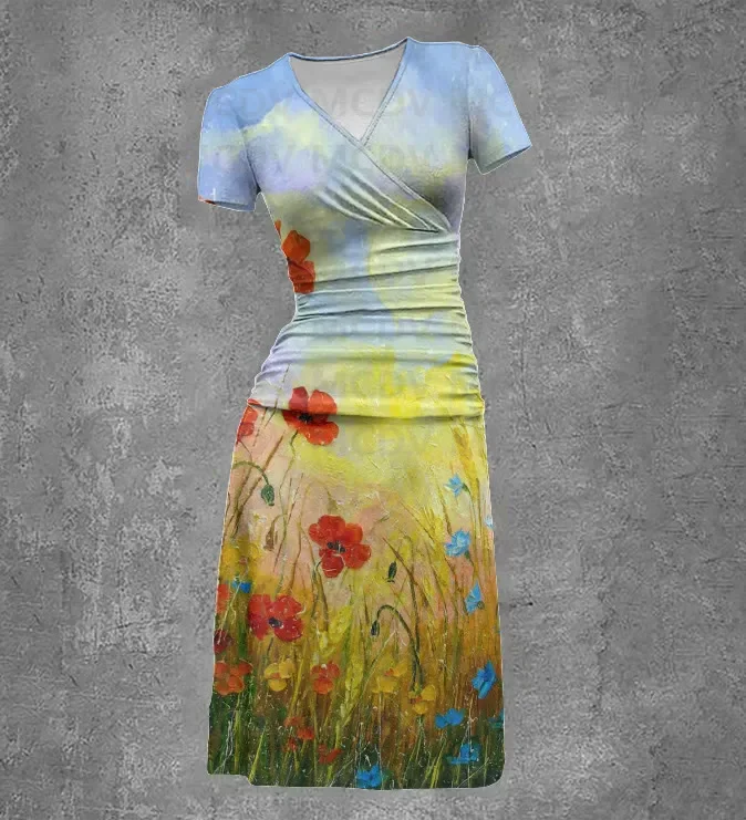 Abito da donna sexy con scollo a V e stampa floreale multicolore a maniche corte
