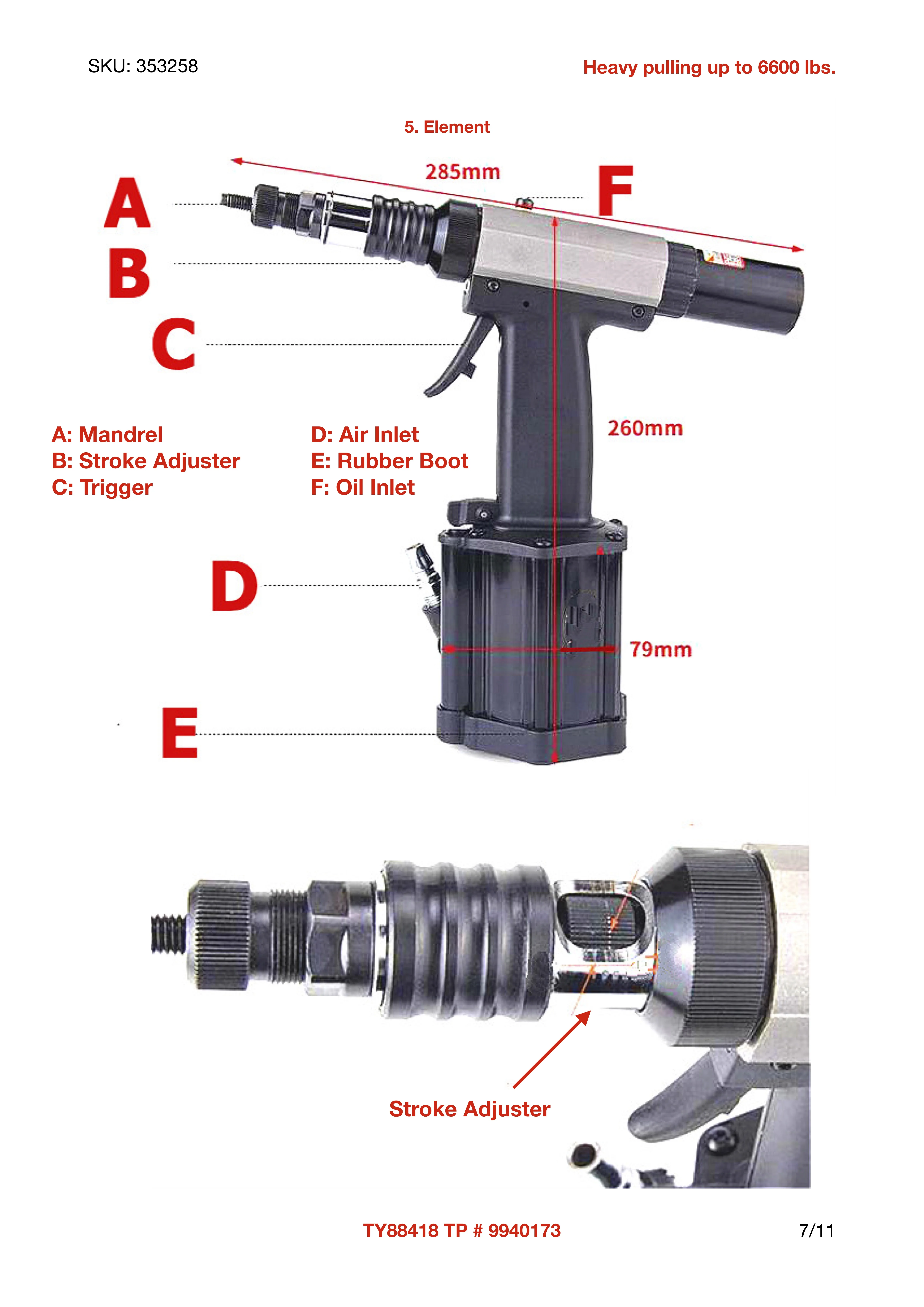 Pistolet à rivets hydro-pneumatique robuste, charge de traction 6600, traction à gâchette unique pour le réglage et la rotation avec jeu complet de nez