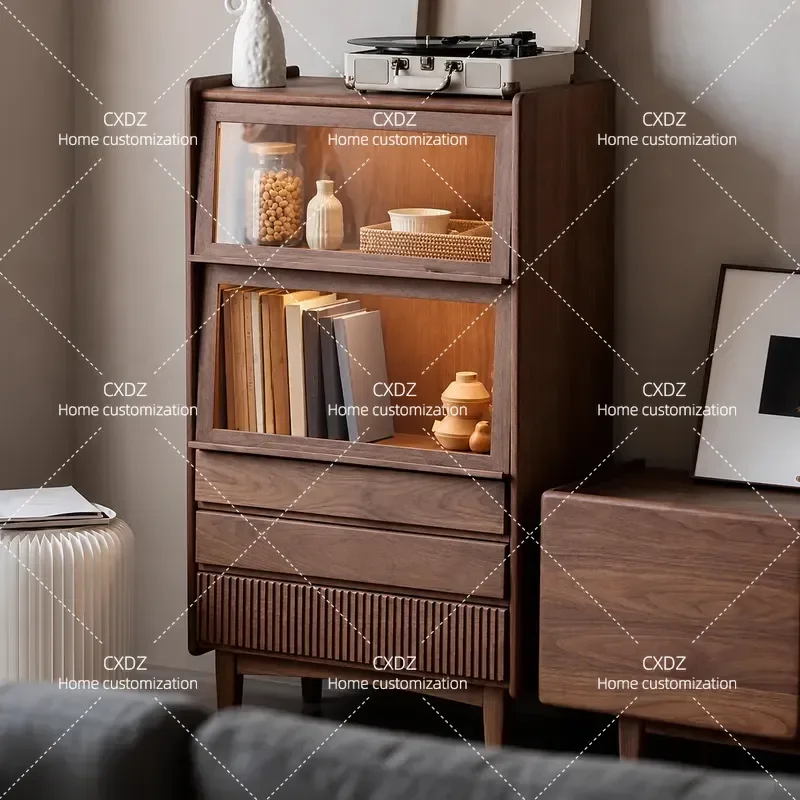 Retro solid wood chest integrated against the wall simple small apartment living room locker TV side cabinet walnut door