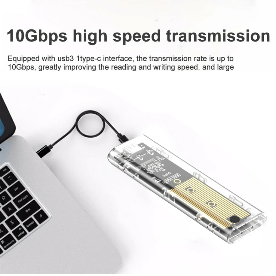 M.2 NVME PCIe NGFF SATA حافظة SSD مزدوجة البروتوكول واضح USB نوع C 10Gbps PCI-E M2 SSD صندوق قرص صلب خارجي شفاف