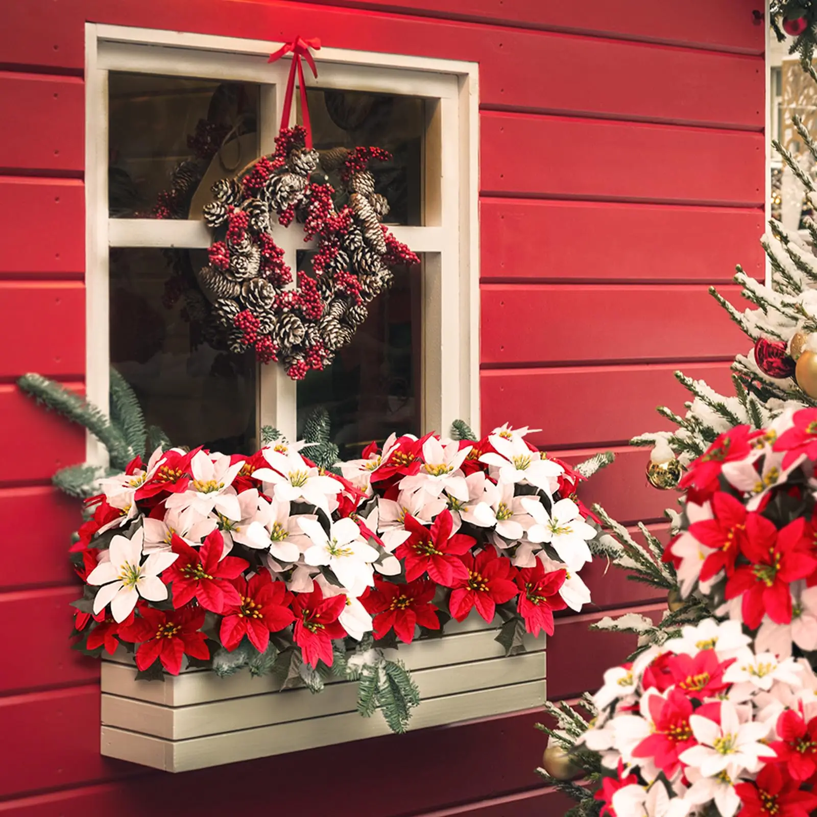 5-köpfige künstliche Weihnachtsstern-Blumen, Weihnachtsstrauß, Winter-Weihnachtsstern-Büsche für Weihnachtsfeier, Urlaubsarrangements, Dekoration – Detail 6