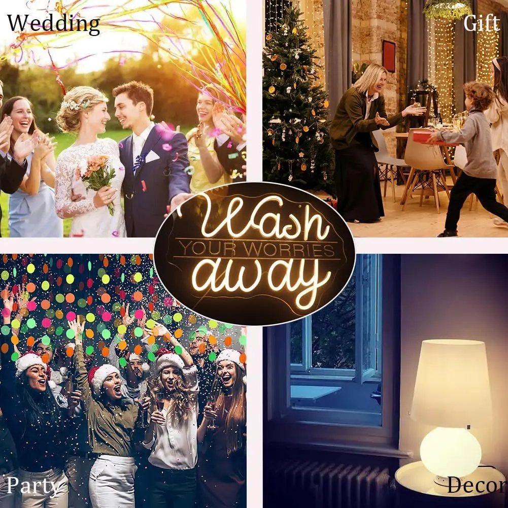 Wash YOUR WORRIES away LED Neon, USB Powered Dimmable LED Neon, Fit SPA, Meditation Room, Bedroom Wall Art