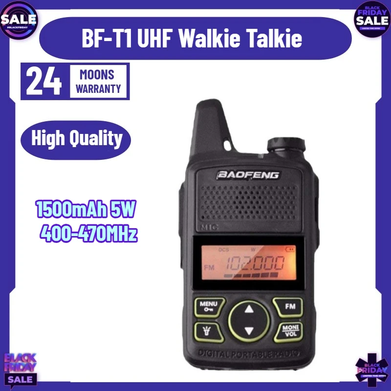 1500mAh 5W  BF-T1 UHF Walkie Talkie 400-470MHz 20CH 1W Mini Pocket Radio Baofeng T1 Ham FM Radio with Earpiece,programming Cable