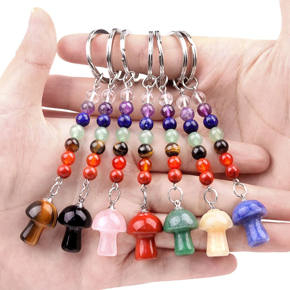 Random Color Natural Stone Reiki Crystal Seven Chakras Keychain Mushroom Shape Pendant Stainless Steel Car Key Chain Accessories