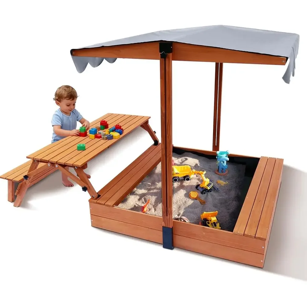 Durable Wooden Sandbox with UV-Protected Lid and Adjustable Picnic Table Combo