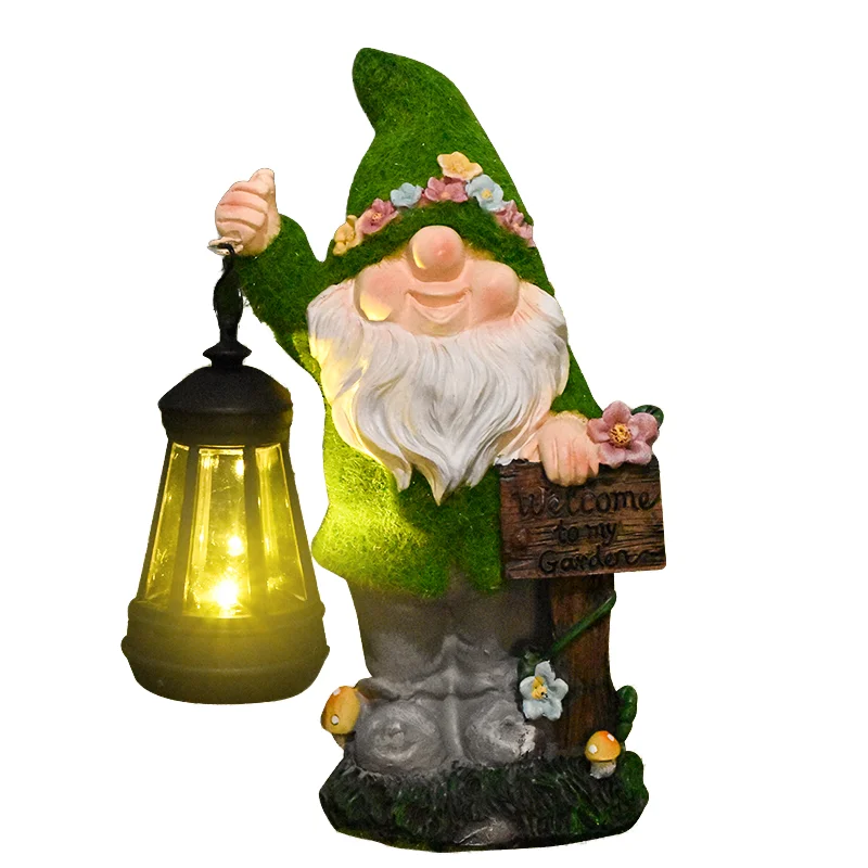 

Baiying Garden Gnome Statue Outdoor Decor Hand-painted Resin Figurine Solar Light Holding Lantern Welcome Sign Yard Sculpture