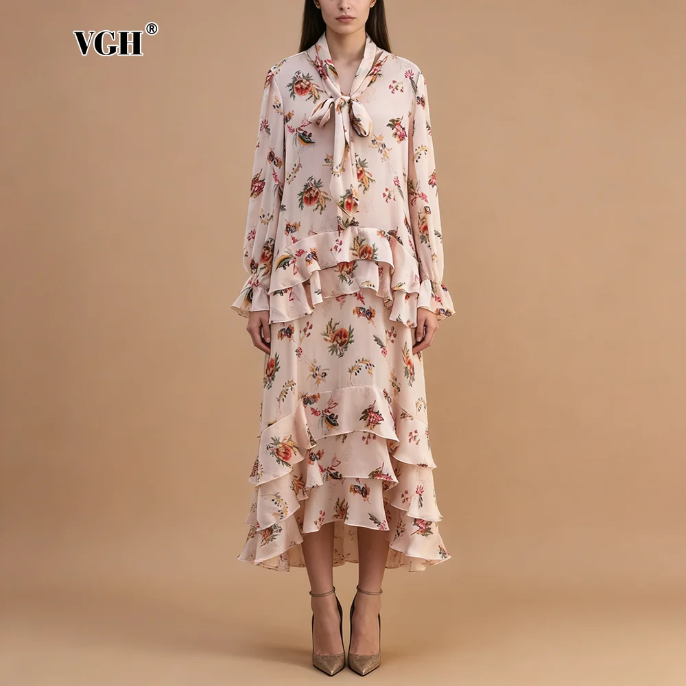 

Стильные элегантные асимметричные платья миди VGH с цветочным принтом для женщин, с бантом на шее, многослойными оборками, из струящейся ткани, для офиса и повседневной носки