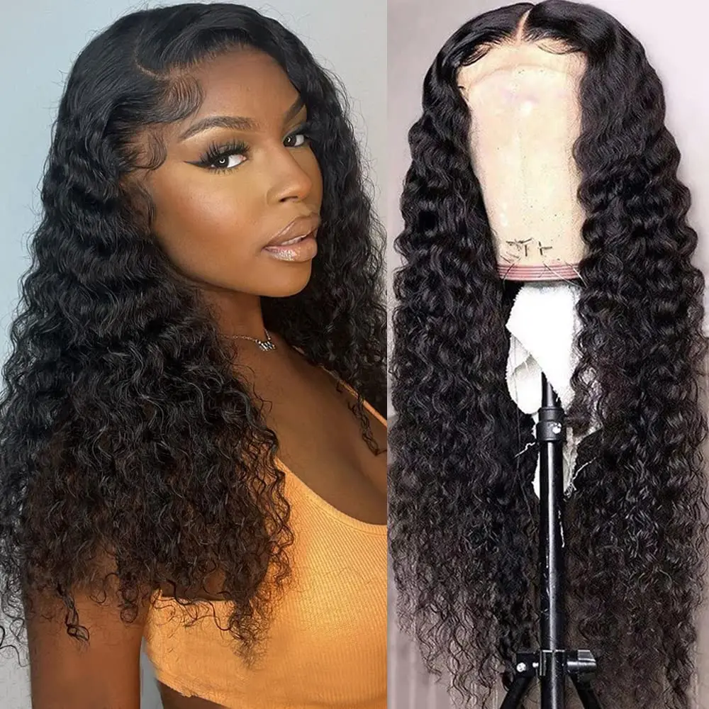 

30 inch Deep Wave 13x6 Hd Lace Front Human Hair Wig 200% Density Water Wave Human Hair Wig Pre Plucked Natural Black Curly Wig
