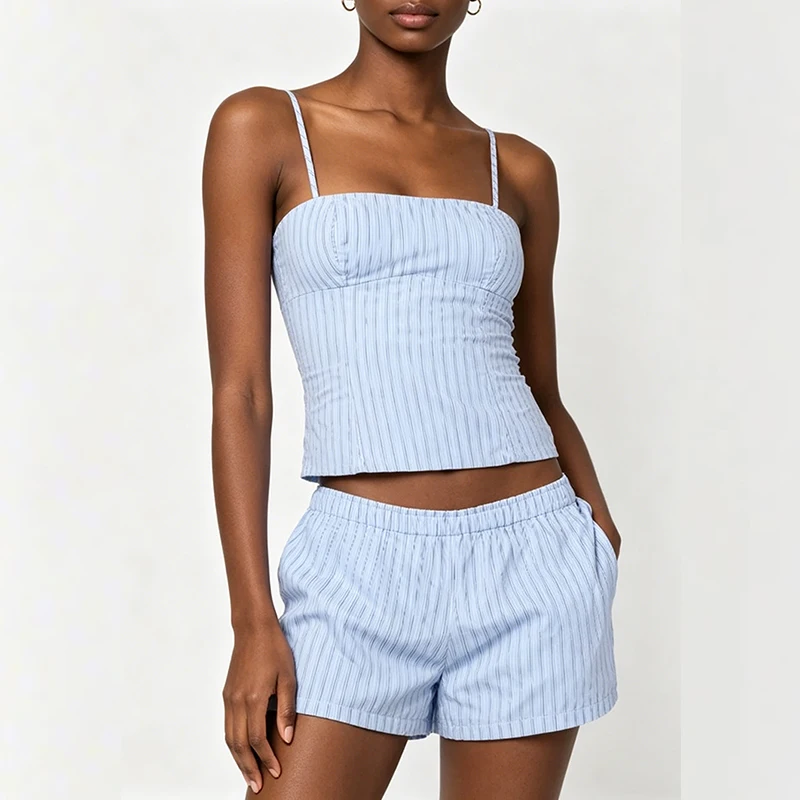 

Women Summer 2pcs Shorts Sets Striped Print Sleeveless Spaghetti Strap Cami Tops and Elastic Waist Shorts Casual Clothes