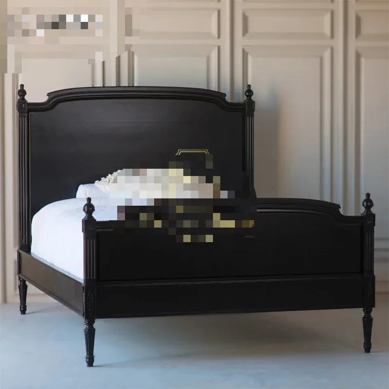 Black solid wood double master bedroom single light luxury retro style wedding bed