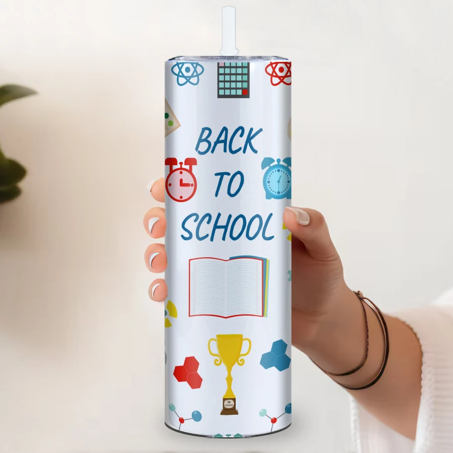 1Pc Hot Cold Water Tumbler Insulated Travel Mugs Lid Straw  Print “Back to School” Season Office Drink Mug Teacher's Day Gift