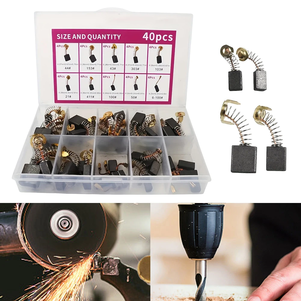 40Pcs Electric Motor Carbon Brushes 10 Different Sizes Suitable for Repair Power Tools Part