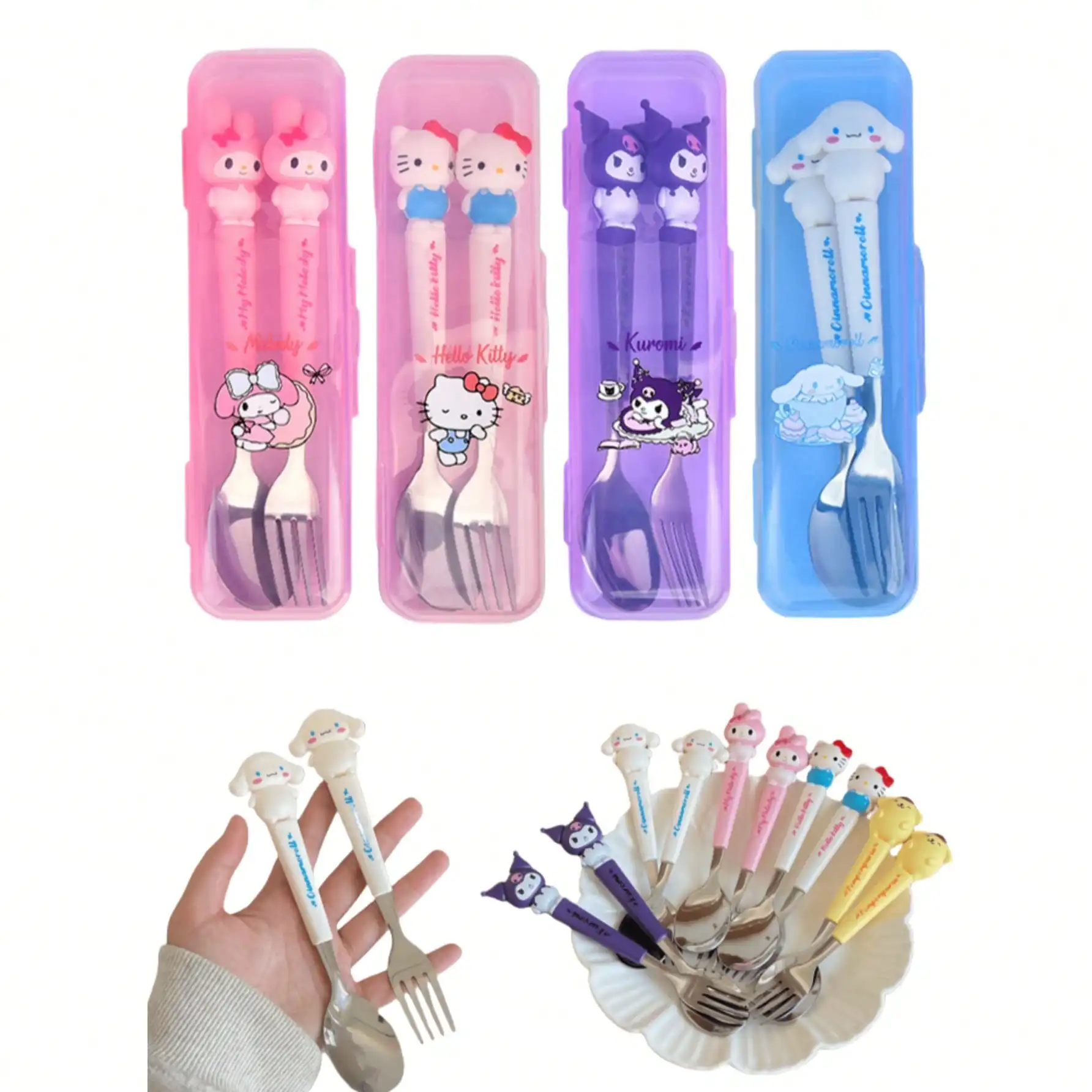 2-teiliges Set aus Edelstahl-Gabel und -Löffel, Hello Kitty Cartoon, niedliches tragbares, wiederverwendbares Geschirr, Heim- und Outdoor-Zubehör