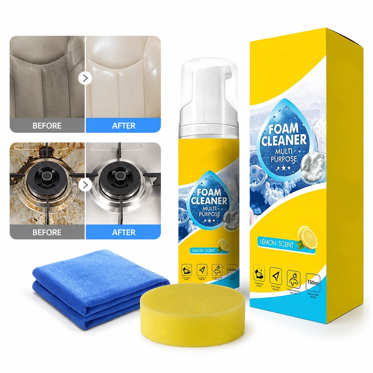 Car Interior Foam Cleaning Spray No Wash Leather Seat Fabric Plastic Shoe Cleaner Gentle Lemon Scent Auto Care Set