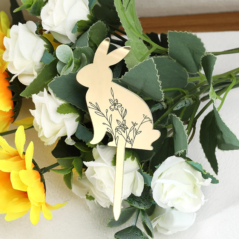 5Pcs Easter Cute Bunny Cake Decoration Gold Acrylic Rabbit Carrot Cupcake Topper Happy Easter Party Dessert Decoration Kids Gift