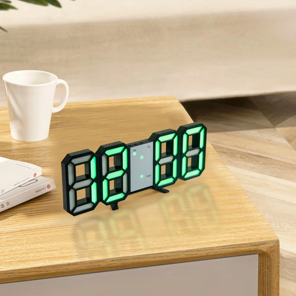 For Ins 3D Digital LED Alarm Clock Wall Table Clocks Temperature/Calendar /3 Brightness Levels Night Light Multifunctional