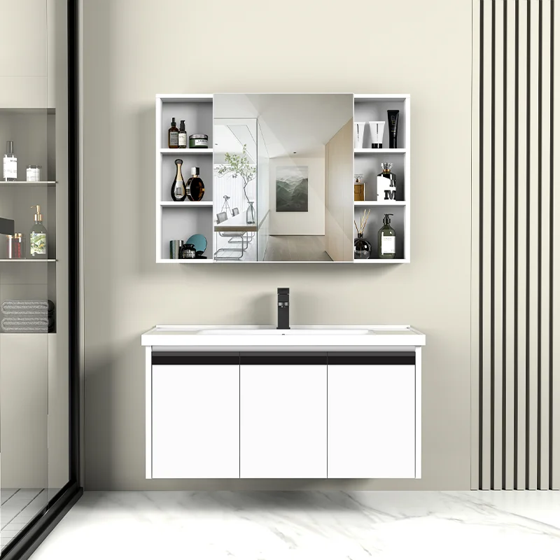 Customized Good Quality Aluminum Luxury Style Wall Mounted Smart Mirror Cabinet Heighten Hanging Ceramic Basin Bathroom Vanity