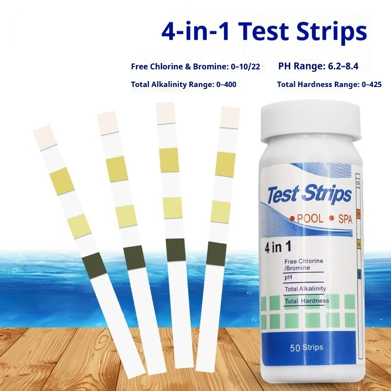 4 in 1 Pool Test Strips, Spa Water Test Strips for Free Chlorine/Bromine, pH, Total Alkalinity, Total Hardness, 50 Strips