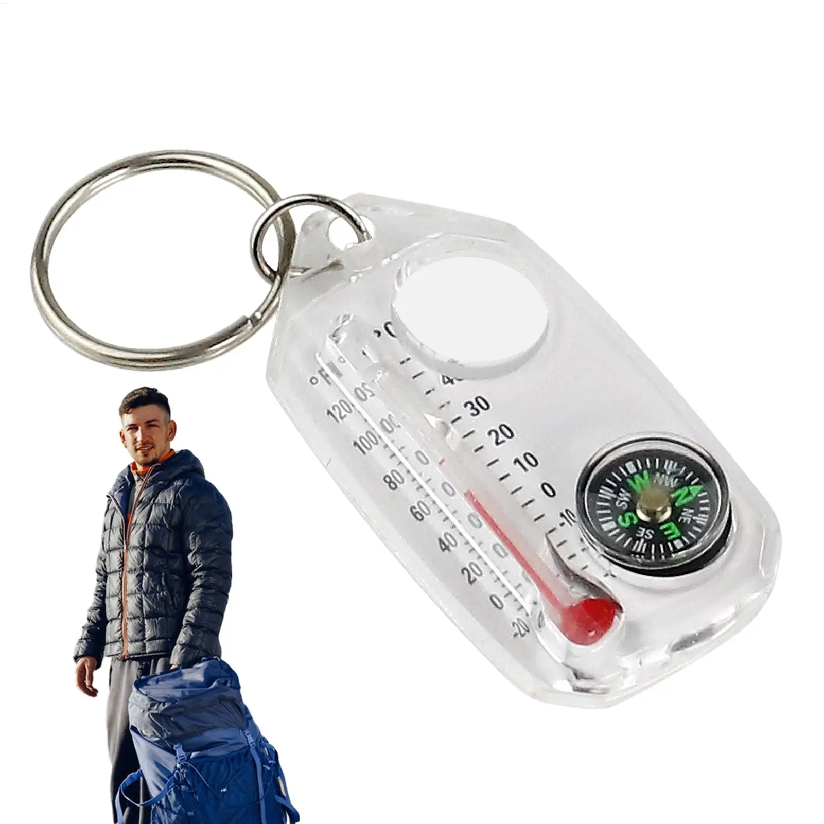 3-in-1 Schlüsselanhänger, Ausgestattet mit einem Flüssigkeits-Thermometer, Zuverlässigem Kompass und Lupe, Geeignet für Reisen und Camping – Detail 10