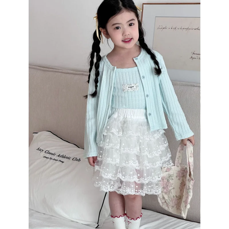 

Girls Suit2025Spring New Children's Light Blue Cardigan Strap Dress Set for Toddlers and Young Girls