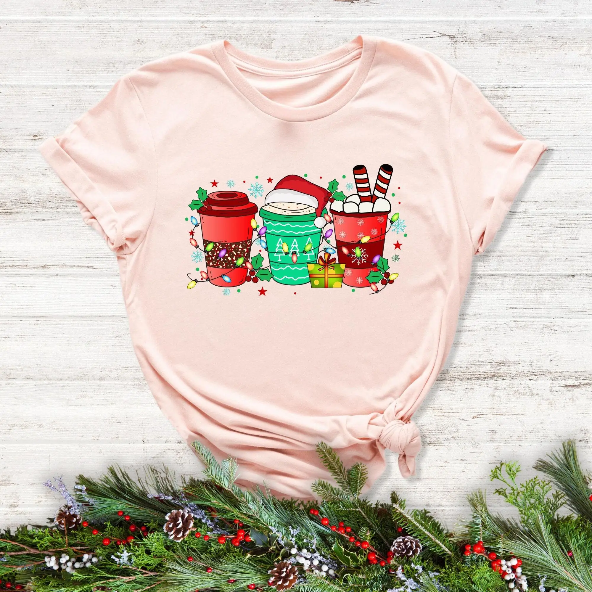 Christmas Cup T Shirt Coffee Candy Cane Santa Hat Lover Hot Chocolate