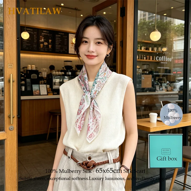 

High Quality 100% Real Silk Scarf 65x65cm Square Silk Neckerchief for Women Vintage Silk Neck Scarf Hair Bandana Shawl Gift Box