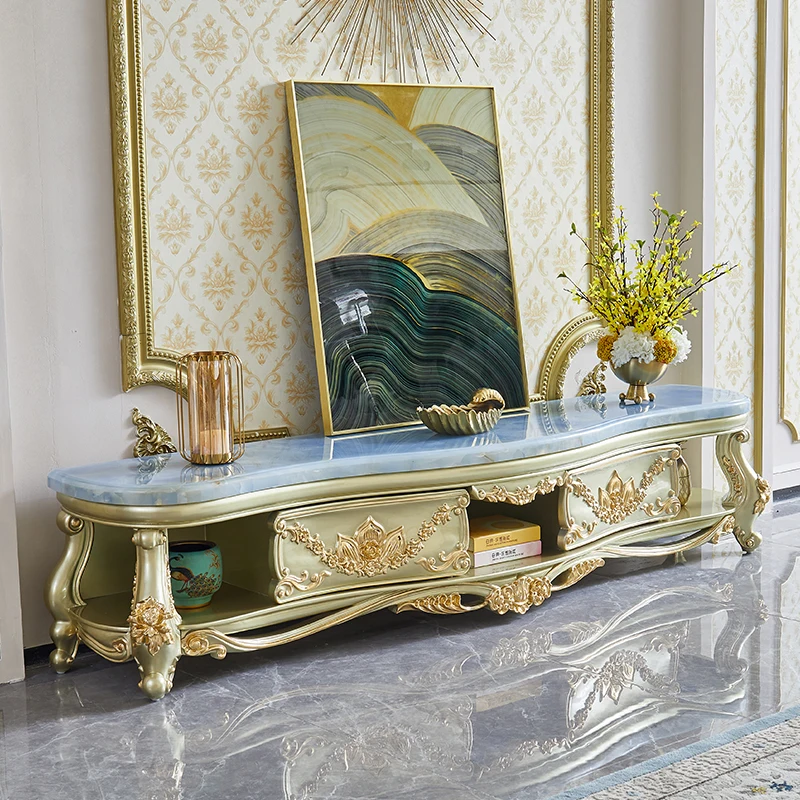 European style marble, coffee table combination, all solid wood, high-end luxury villa, large unit living room, storage cabinet