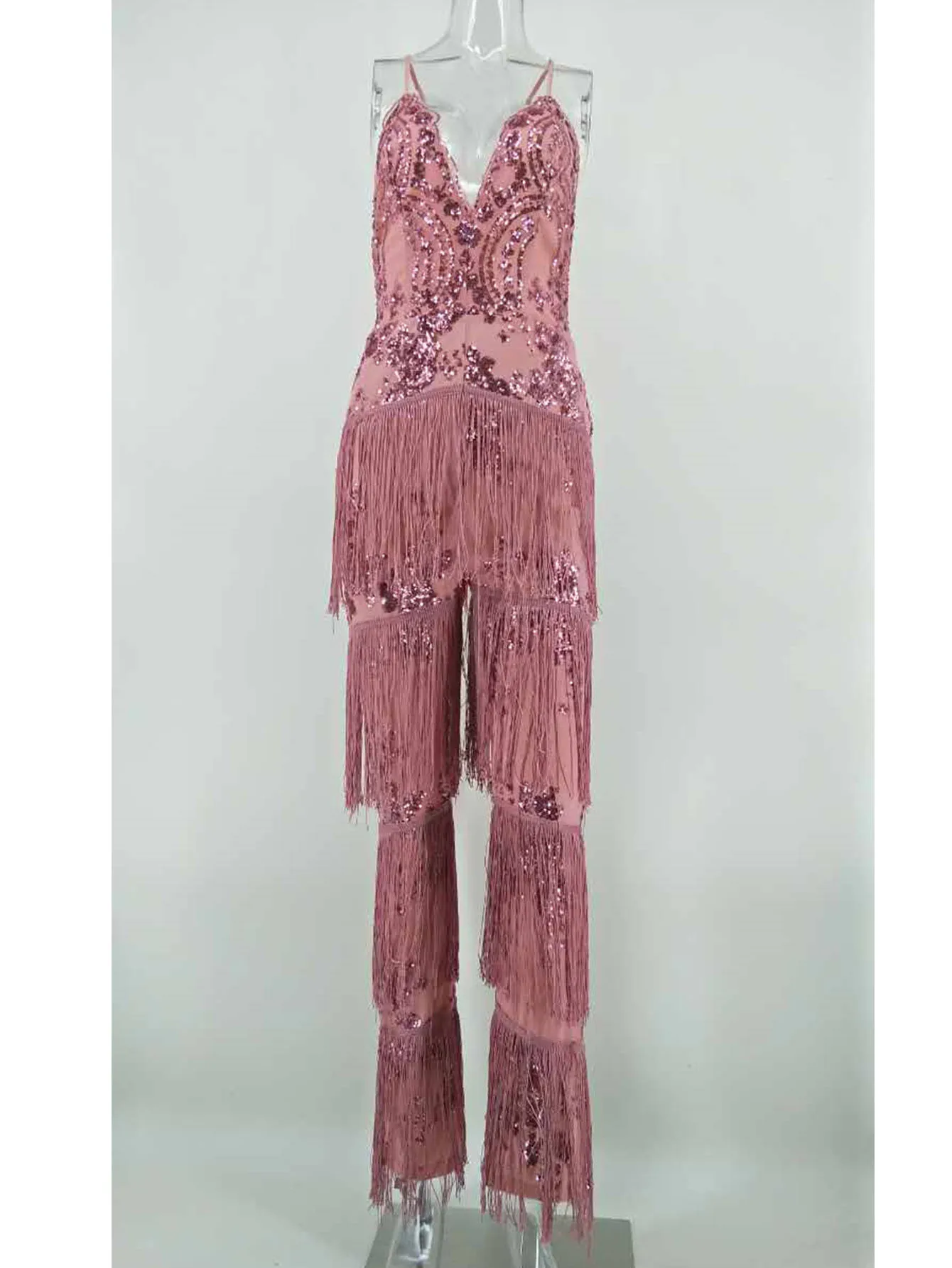 Sexy V neck Sequins Summer bodysuit women one pieces Backless tassel body femme rompers womens jumpsuit Bandages Tassel Overalls