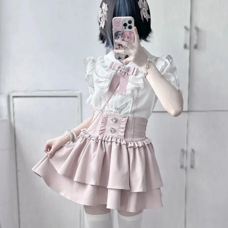 Lizzisa Bow Dresses Y2K Landmine Soft Girl Japan Sweet And Cute Lace Bow Ruffle Half Skirt A-line Medium Waist Short Skirt New