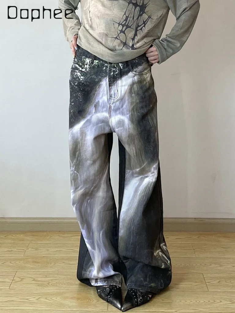 

American Street Washed Printed Jeans Y2k Loose High Waist Wide Leg Denim Pants Hiphop Casual Baggy Trousers High Street