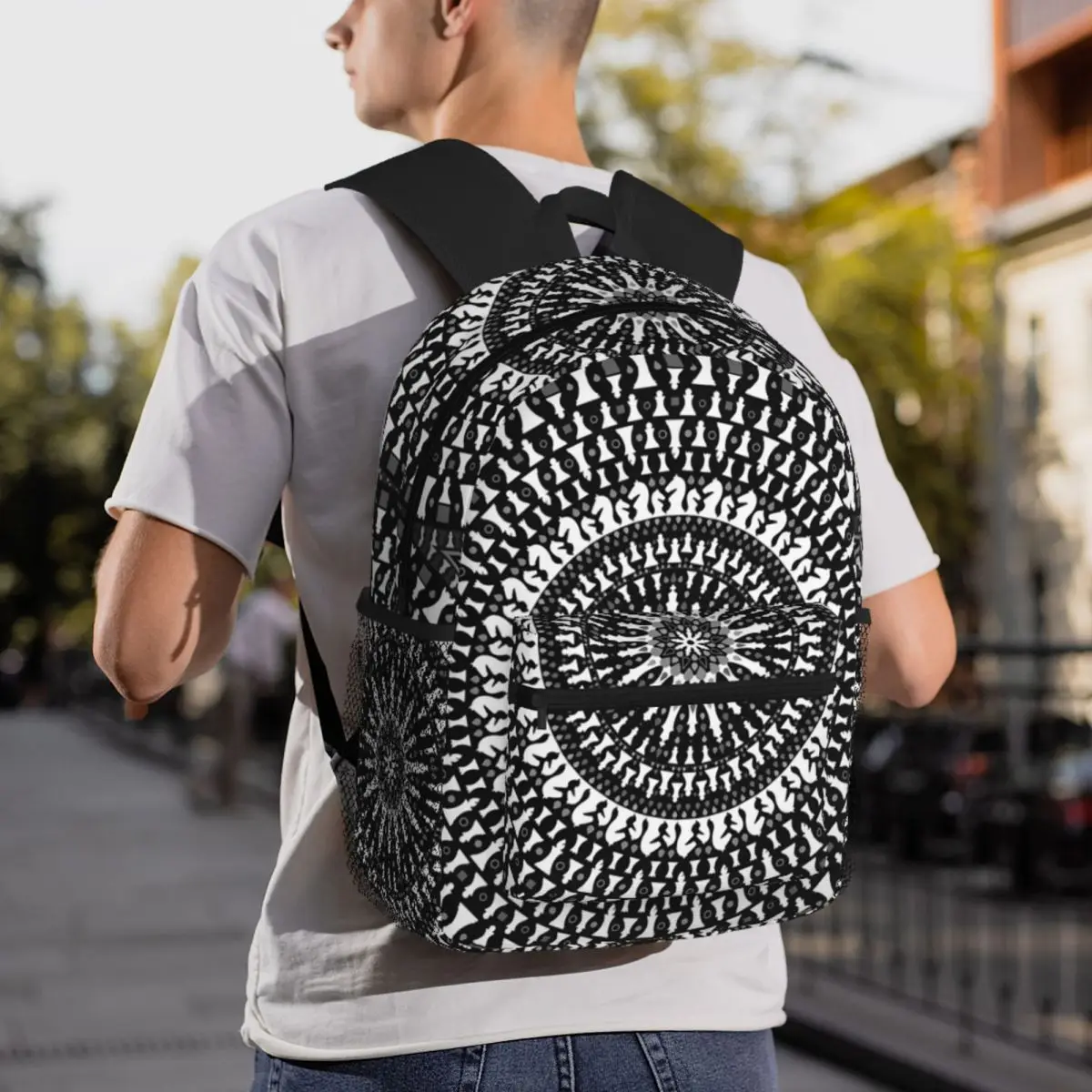 Chess Pieces Mandala Grayscale Chessboard Backpack Student BookBag Kids School Bag Laptop Shoulder Bags for Men Women