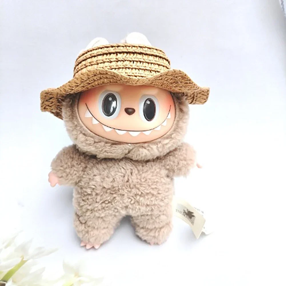 Mini Pop Strohoed voor Poppenhuis Miniatuur 17 cm Labubu Pop Kleur Match Hoeden Kawaii Schattige Poppen Accessoires voor Kinderen Meisjes speelgoed